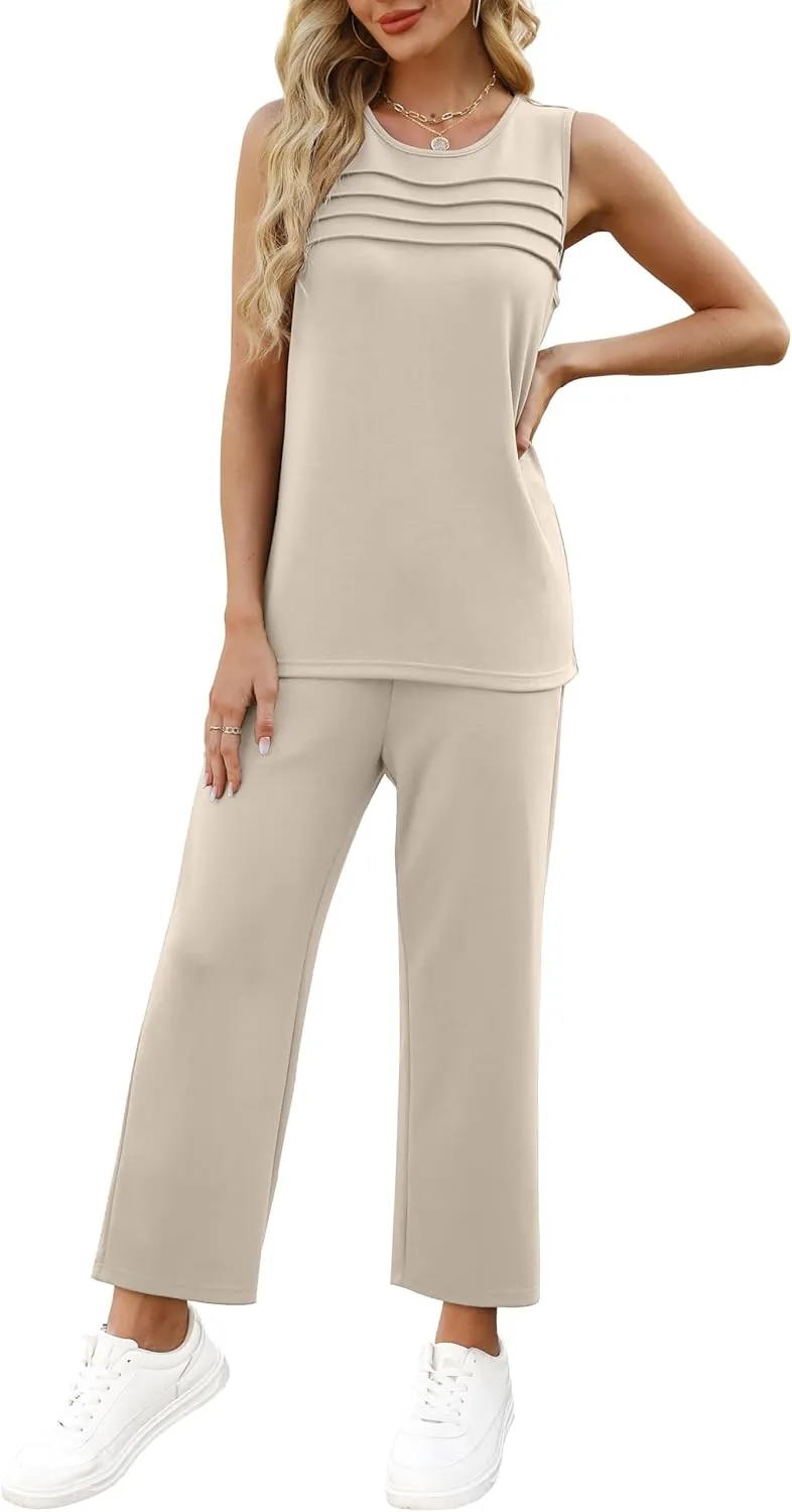 WIHOLL Two Piece Sets for Women Summer Outfits Matching Lounge Sets Wide Leg Crop Pants Vacation Travel