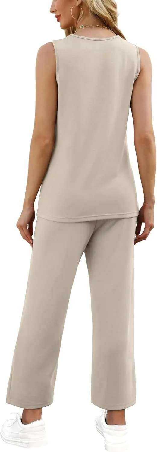 WIHOLL Two Piece Sets for Women Summer Outfits Matching Lounge Sets Wide Leg Crop Pants Vacation Travel
