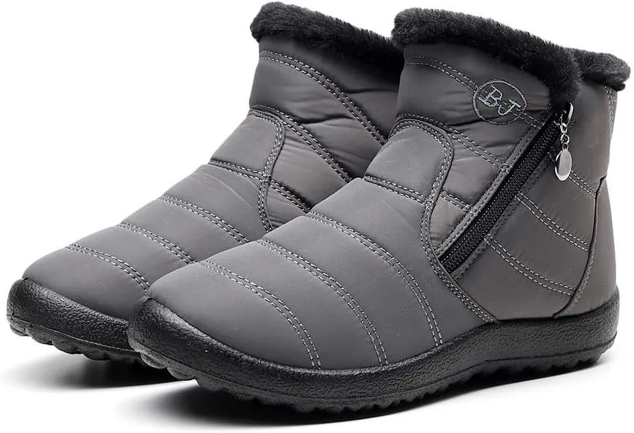 Winter Snow Boots for Women Fleece Lined Warm Ankle Booties Outdoor Anti-slip Water-proof Comfortable Short Boot Fashion Zip Up Booties Sneakers Lightweight Flat and Soft Sole