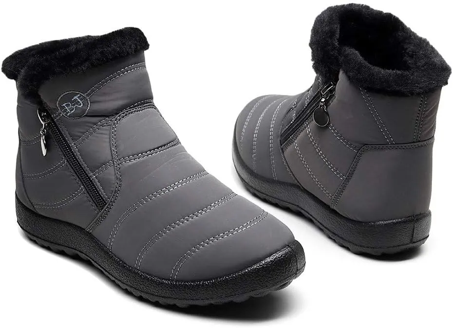 Winter Snow Boots for Women Fleece Lined Warm Ankle Booties Outdoor Anti-slip Water-proof Comfortable Short Boot Fashion Zip Up Booties Sneakers Lightweight Flat and Soft Sole