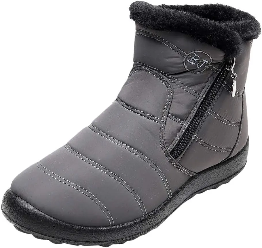 Winter Snow Boots for Women Fleece Lined Warm Ankle Booties Outdoor Anti-slip Water-proof Comfortable Short Boot Fashion Zip Up Booties Sneakers Lightweight Flat and Soft Sole