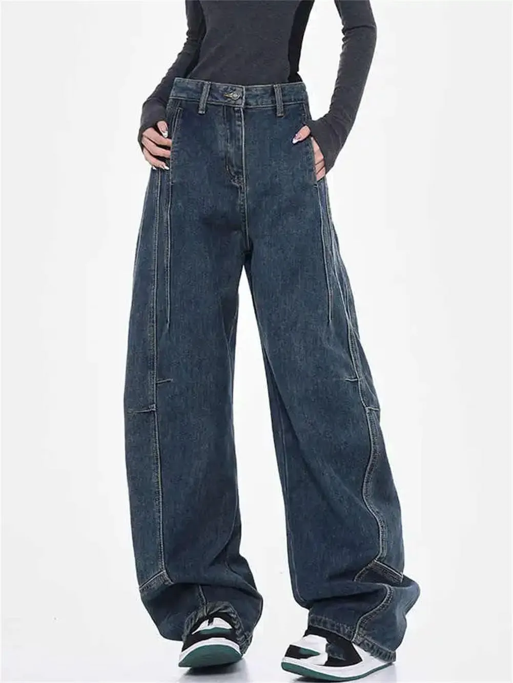 Woman Flare Low Rise Cargo Baggy Wide Leg Trousers Vintage Casual Jeans