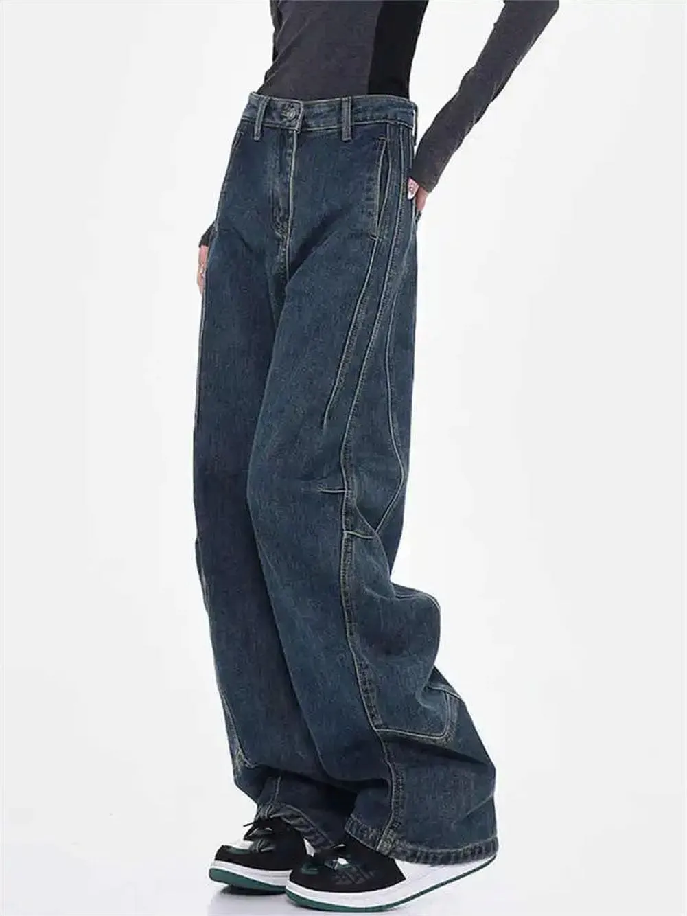 Woman Flare Low Rise Cargo Baggy Wide Leg Trousers Vintage Casual Jeans