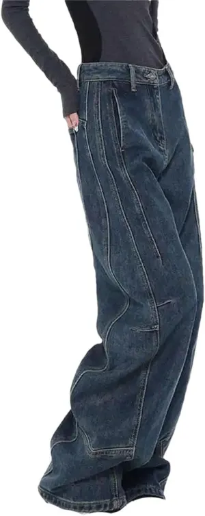 Woman Flare Low Rise Cargo Baggy Wide Leg Trousers Vintage Casual Jeans