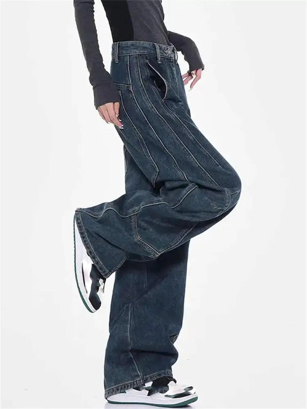 Woman Flare Low Rise Cargo Baggy Wide Leg Trousers Vintage Casual Jeans