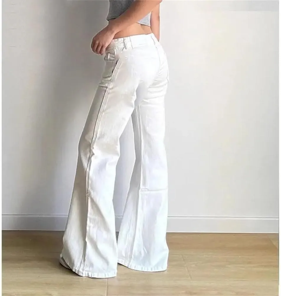 Women Casual Low Waist Solid Flared Jeans Vintage Button Pockets Denim Trouser