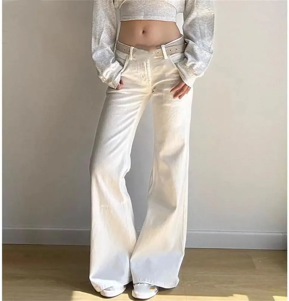 Women Casual Low Waist Solid Flared Jeans Vintage Button Pockets Denim Trouser