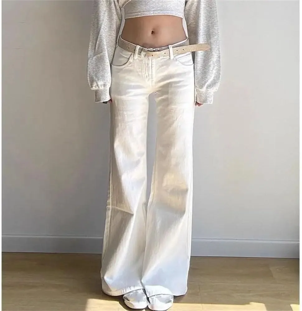 Women Casual Low Waist Solid Flared Jeans Vintage Button Pockets Denim Trouser