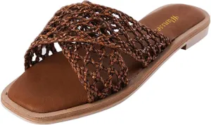 Women Chic Braided Reticular Open Toe Flat Mules Soft Insole Stylish Slide Sandals Slip on Casual Daily Dress Slippers Size 4-16 US