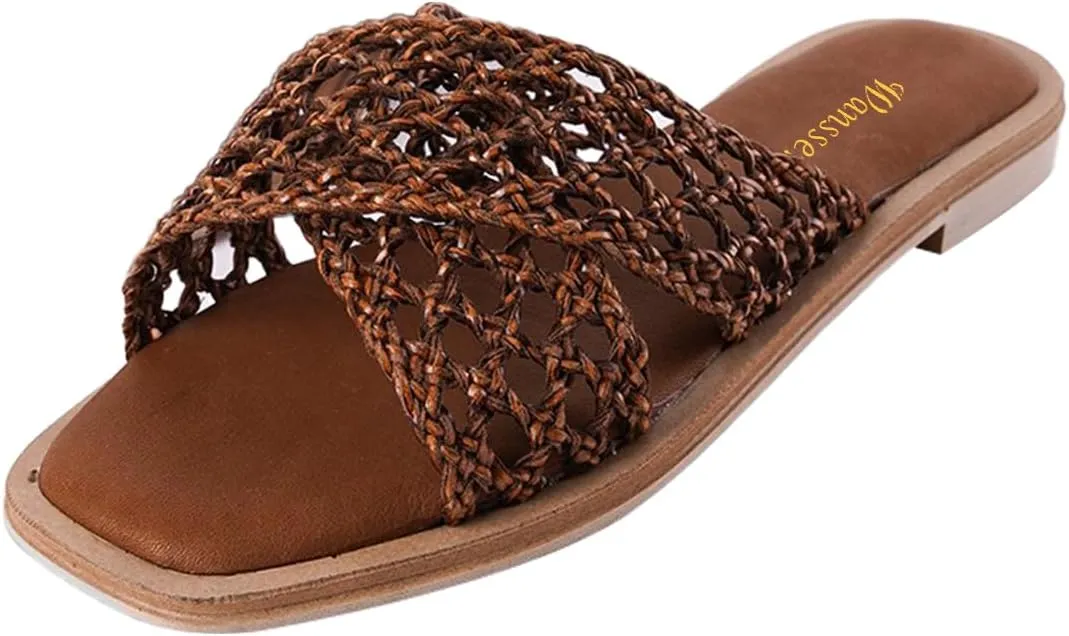 Women Chic Braided Reticular Open Toe Flat Mules Soft Insole Stylish Slide Sandals Slip on Casual Daily Dress Slippers Size 4-16 US