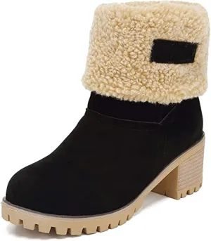 Women Cute Warm Short Boots Women's Winter Snow Fleece Suede Chunky Mid Heel Round Toe Ankle Booties