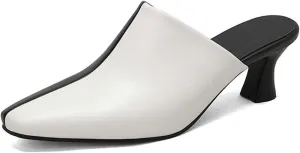 Women Fashion Closed Square Toe Mules Mid Heel Slip on Retro Two Tone Slides Casual Dress Sandals