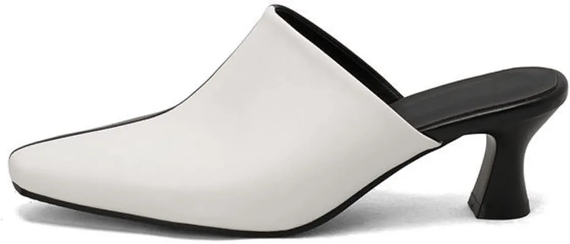 Women Fashion Closed Square Toe Mules Mid Heel Slip on Retro Two Tone Slides Casual Dress Sandals