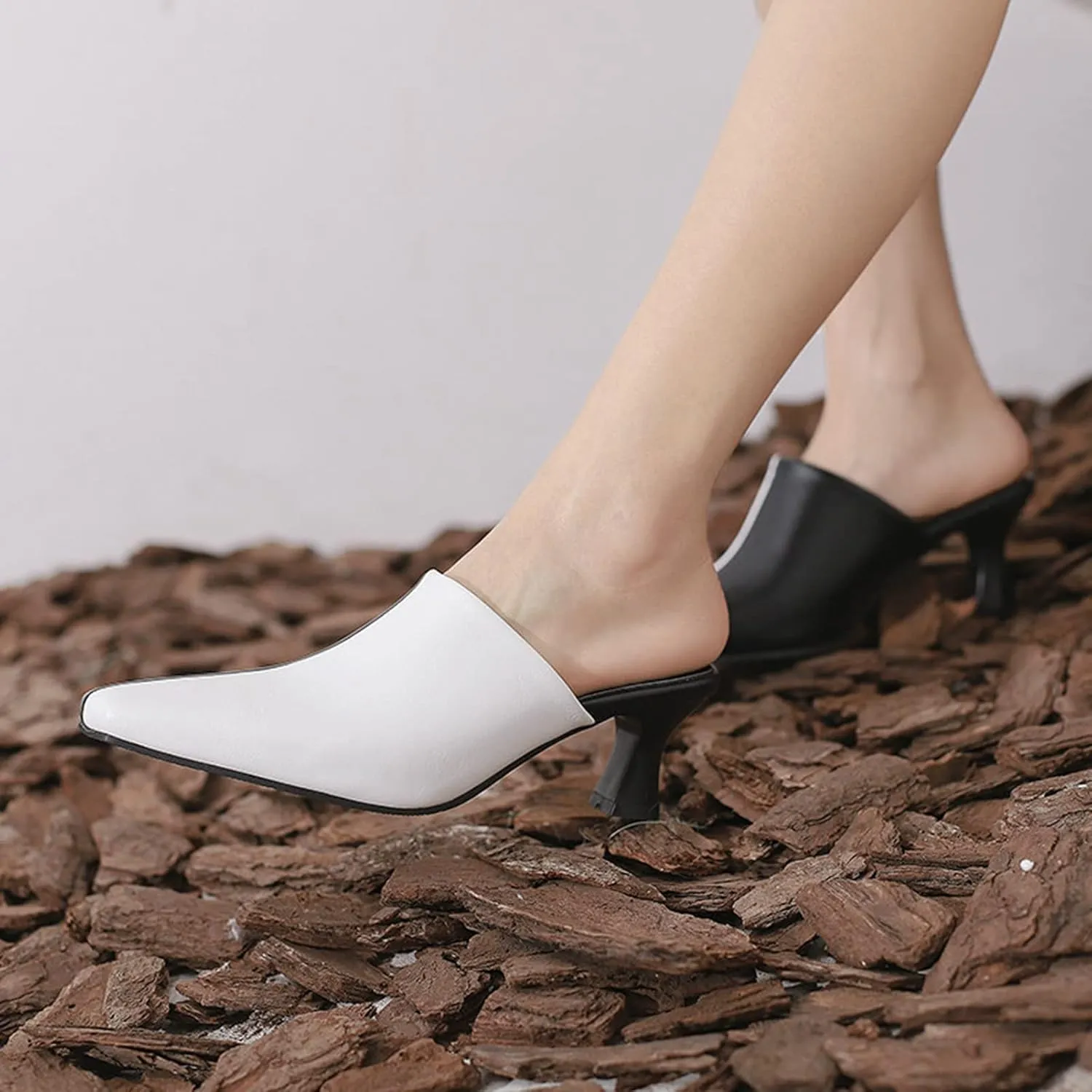 Women Fashion Closed Square Toe Mules Mid Heel Slip on Retro Two Tone Slides Casual Dress Sandals