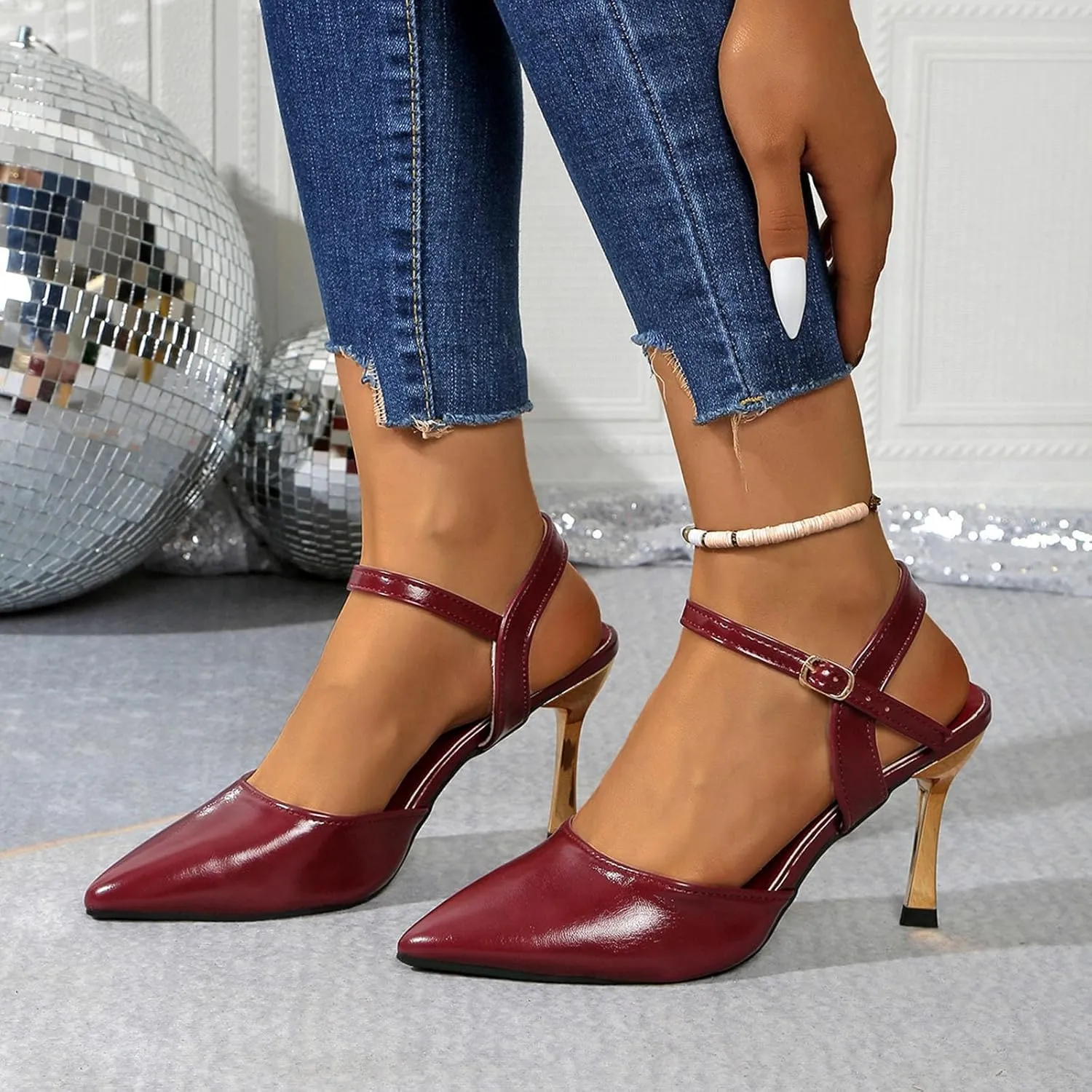 Women Heeled Slingback Sandals Closed Pointed Toe Ankle Strap Adjustable Buckle Evening Prom Wedding Party Dress Shoes