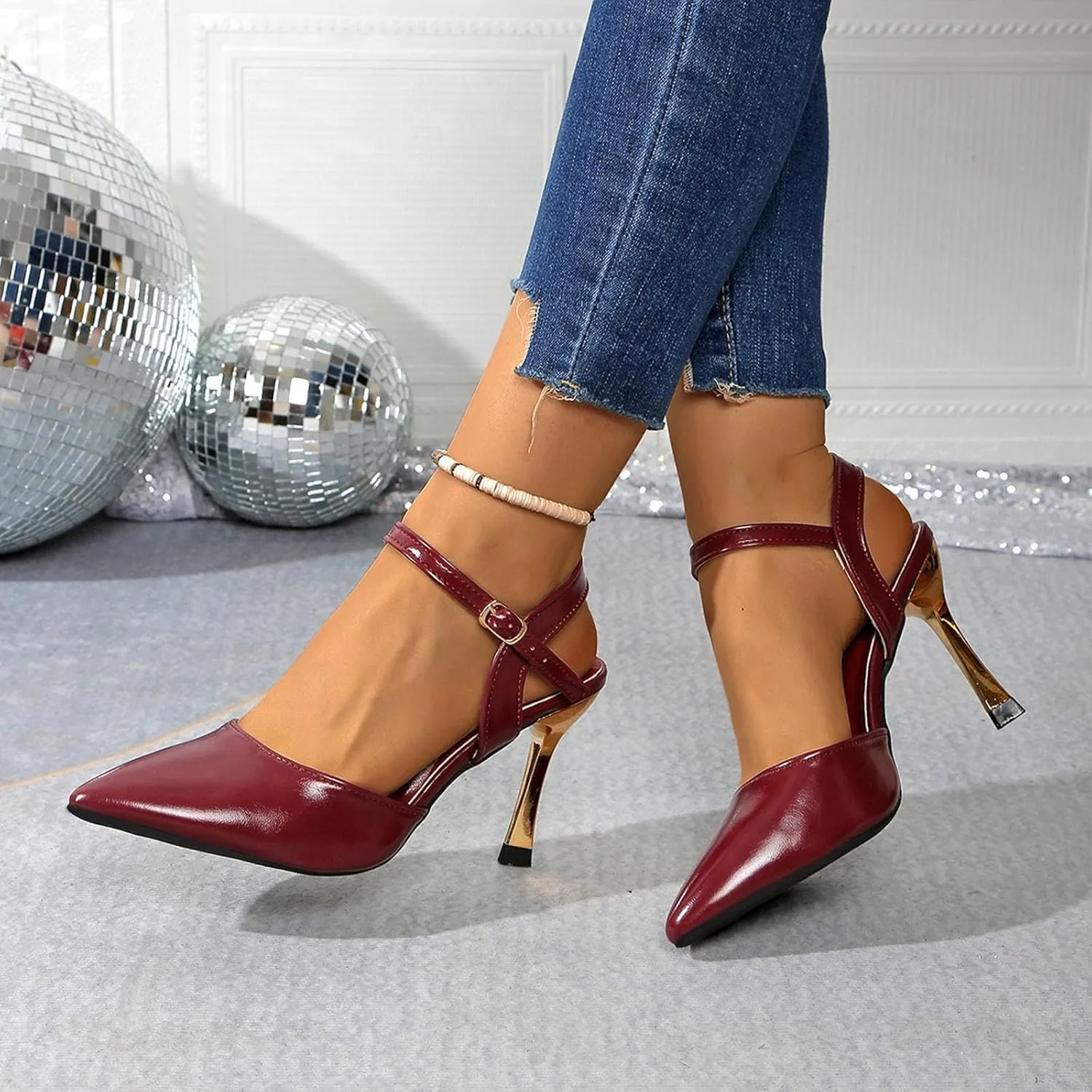Women Heeled Slingback Sandals Closed Pointed Toe Ankle Strap Adjustable Buckle Evening Prom Wedding Party Dress Shoes