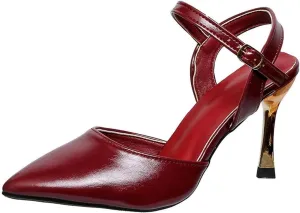 Women Heeled Slingback Sandals Closed Pointed Toe Ankle Strap Adjustable Buckle Evening Prom Wedding Party Dress Shoes