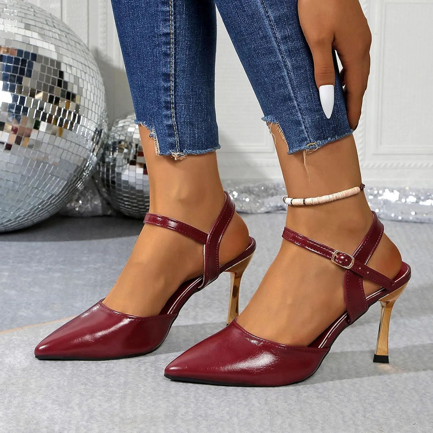 Women Heeled Slingback Sandals Closed Pointed Toe Ankle Strap Adjustable Buckle Evening Prom Wedding Party Dress Shoes
