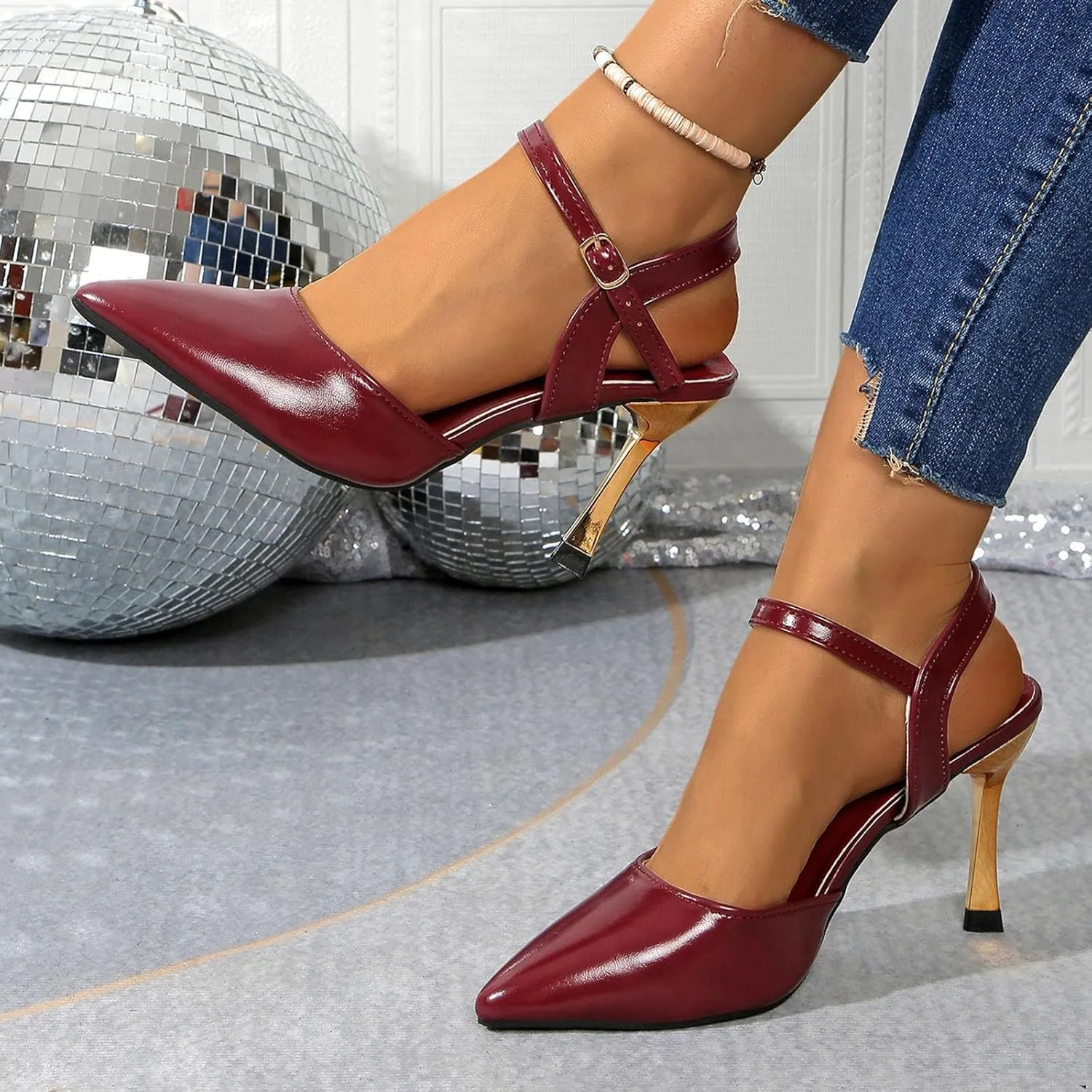 Women Heeled Slingback Sandals Closed Pointed Toe Ankle Strap Adjustable Buckle Evening Prom Wedding Party Dress Shoes