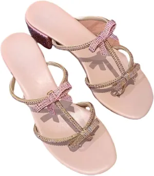 Women Rhinestone Bowknot Block Heel Sandals Open Toe Slip On Low Heels Shoes Sparkly Slingback Dress Heeled Sandals