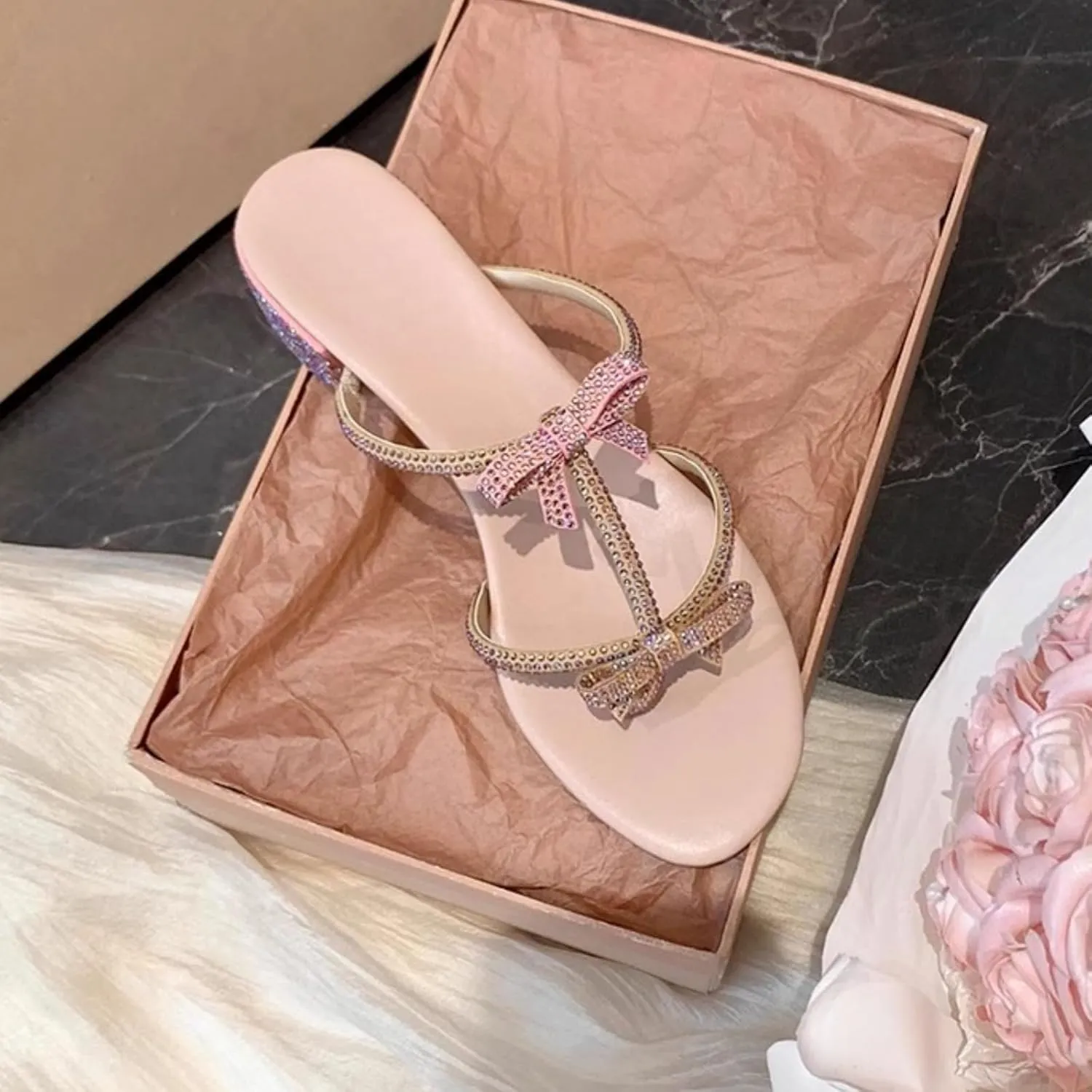 Women Rhinestone Bowknot Block Heel Sandals Open Toe Slip On Low Heels Shoes Sparkly Slingback Dress Heeled Sandals