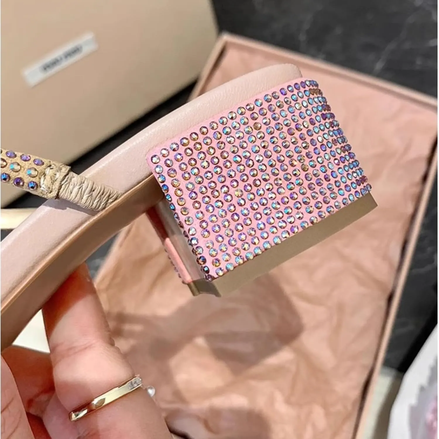 Women Rhinestone Bowknot Block Heel Sandals Open Toe Slip On Low Heels Shoes Sparkly Slingback Dress Heeled Sandals