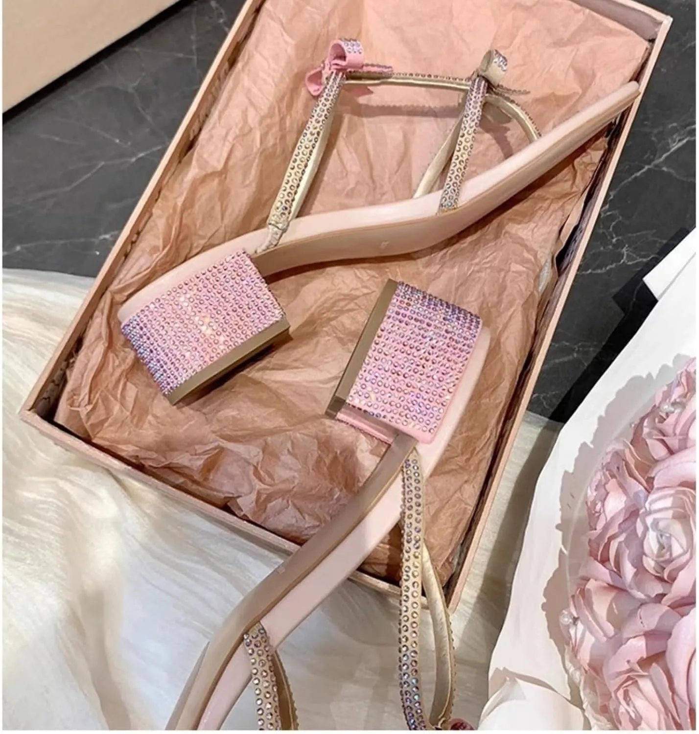 Women Rhinestone Bowknot Block Heel Sandals Open Toe Slip On Low Heels Shoes Sparkly Slingback Dress Heeled Sandals