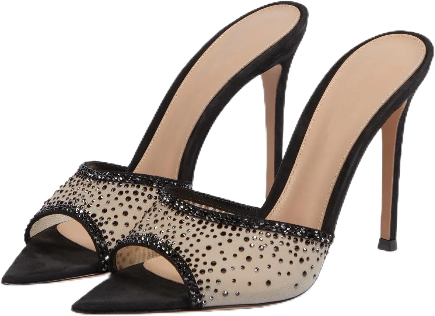Women Rhinestone Mesh Stiletto Heels Slip On Mules Open Pointed Toe Pumps Crystal Embellished Heeled Sandals Party Dressy Slides Shoes