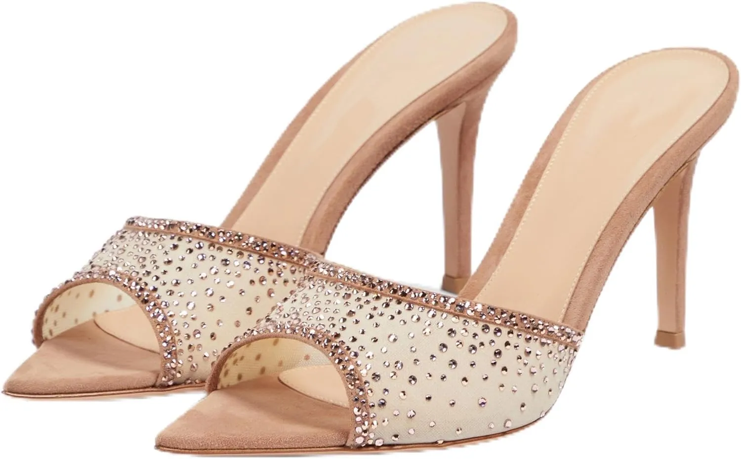 Women Rhinestone Mesh Stiletto Heels Slip On Mules Open Pointed Toe Pumps Crystal Embellished Heeled Sandals Party Dressy Slides Shoes