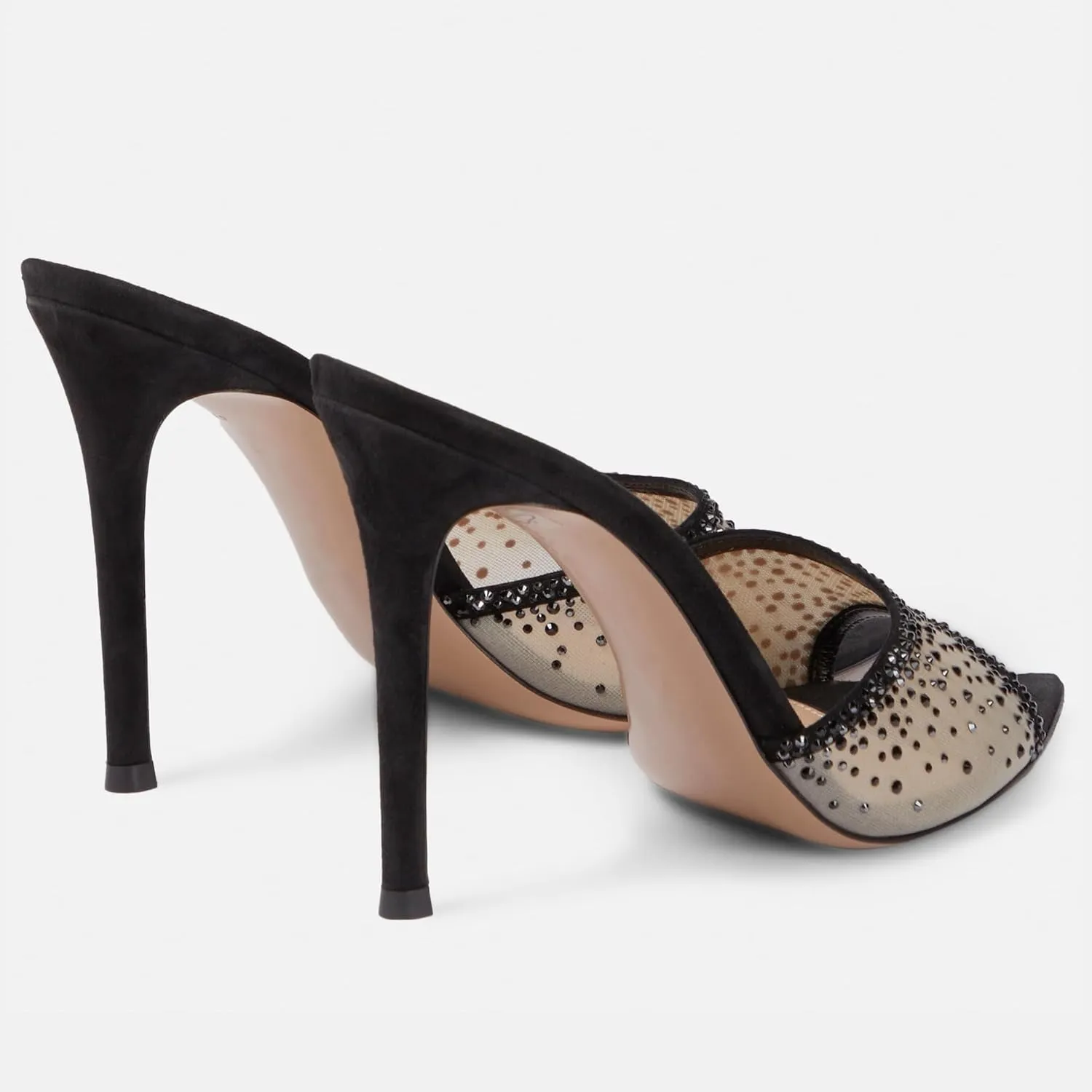 Women Rhinestone Mesh Stiletto Heels Slip On Mules Open Pointed Toe Pumps Crystal Embellished Heeled Sandals Party Dressy Slides Shoes
