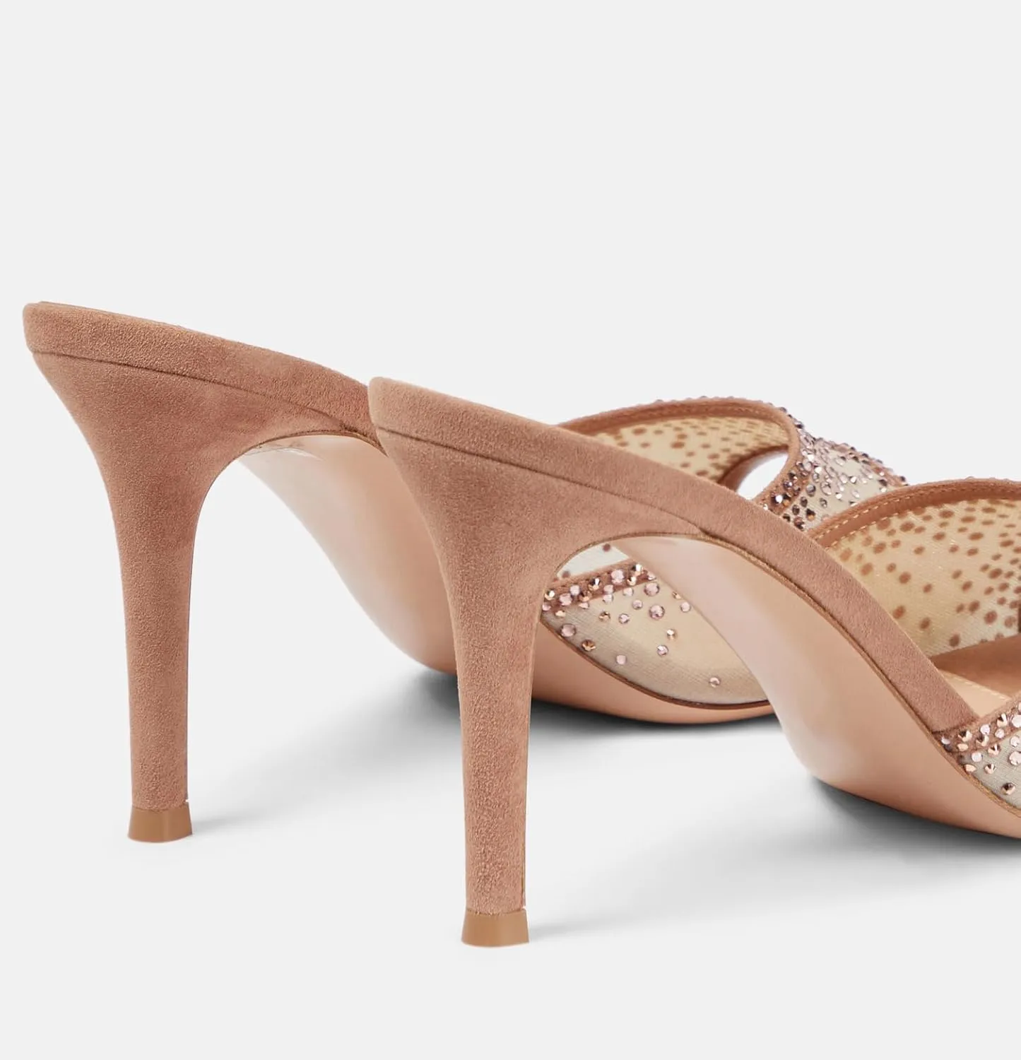 Women Rhinestone Mesh Stiletto Heels Slip On Mules Open Pointed Toe Pumps Crystal Embellished Heeled Sandals Party Dressy Slides Shoes