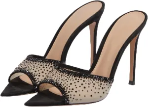 Women Rhinestone Mesh Stiletto Heels Slip On Mules Open Pointed Toe Pumps Crystal Embellished Heeled Sandals Party Dressy Slides Shoes