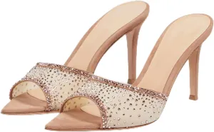 Women Rhinestone Mesh Stiletto Heels Slip On Mules Open Pointed Toe Pumps Crystal Embellished Heeled Sandals Party Dressy Slides Shoes
