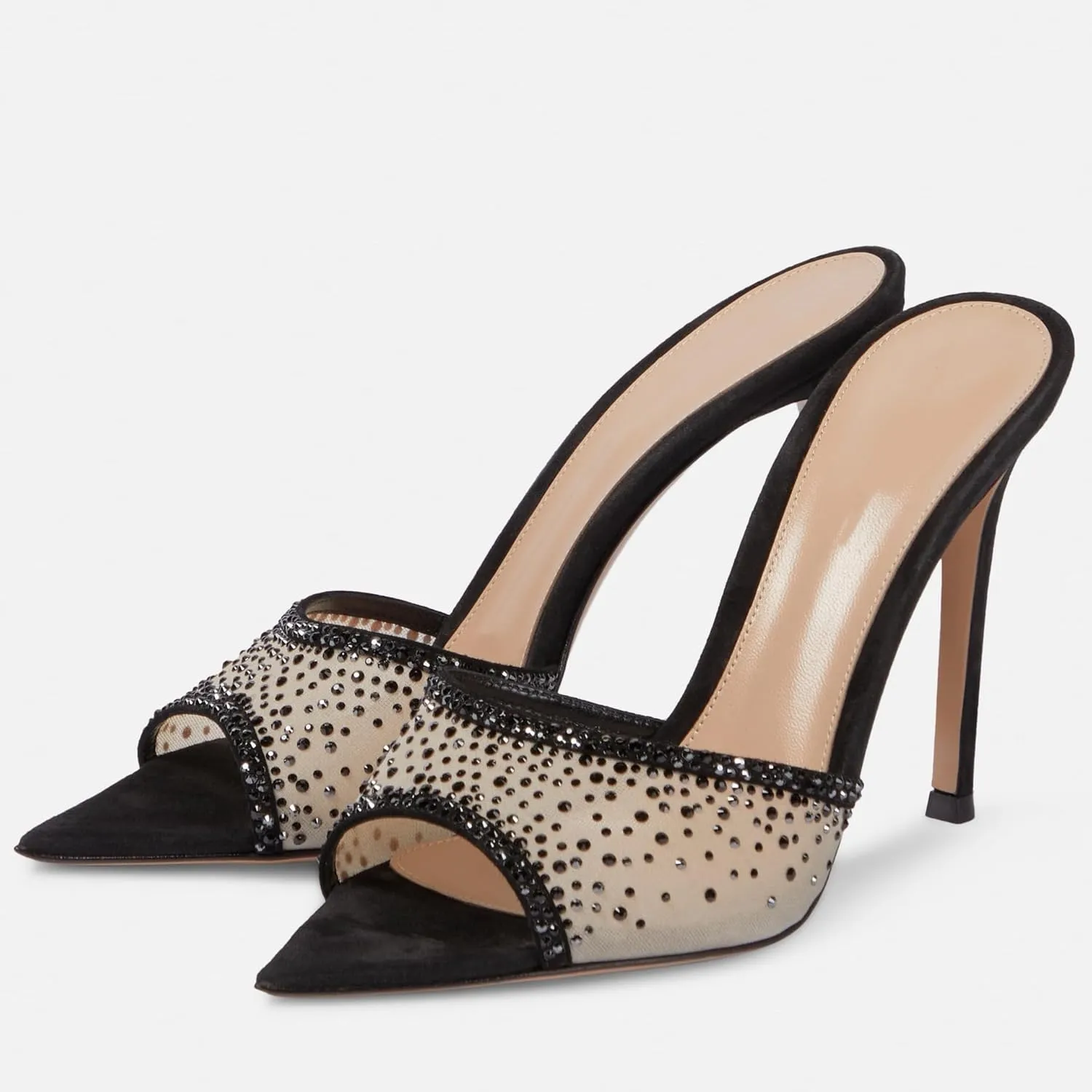 Women Rhinestone Mesh Stiletto Heels Slip On Mules Open Pointed Toe Pumps Crystal Embellished Heeled Sandals Party Dressy Slides Shoes
