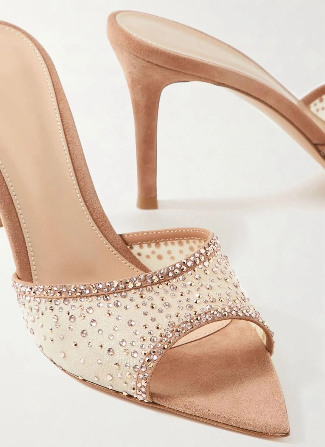 Women Rhinestone Mesh Stiletto Heels Slip On Mules Open Pointed Toe Pumps Crystal Embellished Heeled Sandals Party Dressy Slides Shoes