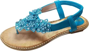 Women Sandal Flowers Pearl Party Dress Shoes Elastic Ankle Strap Open Toe Flip Flops Summer Clip Toe Sandals