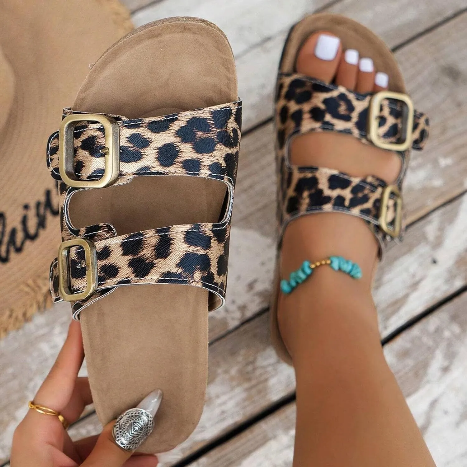 Women Sandals 2025 Wide Width Double Strap Slippers Soft Cushion Comfortable Walking Slip on Women Summer Sandals