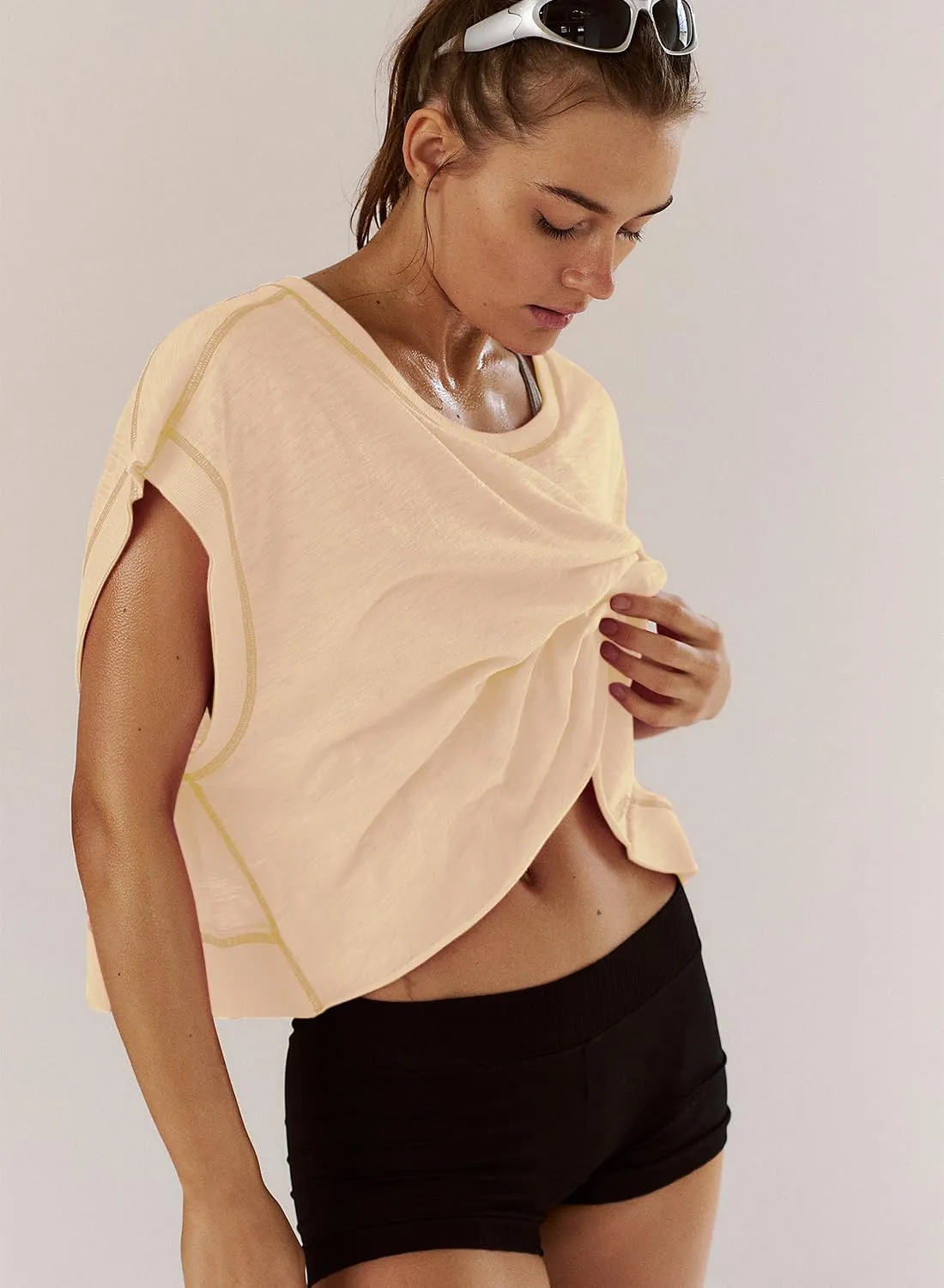 Women Short Sleeve Workout Shirts Open Back Tops Casual Yoga Y2k Athletic Gym Slouchy Crop Running Tees