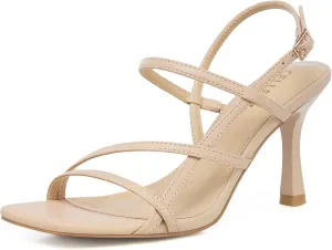 Women Strappy High Heels: Square Open Toe Slingback Sandals, Dressy Sexy Comfortable Kitten Heeled, Prom Party Wedding Black White Gold Nude