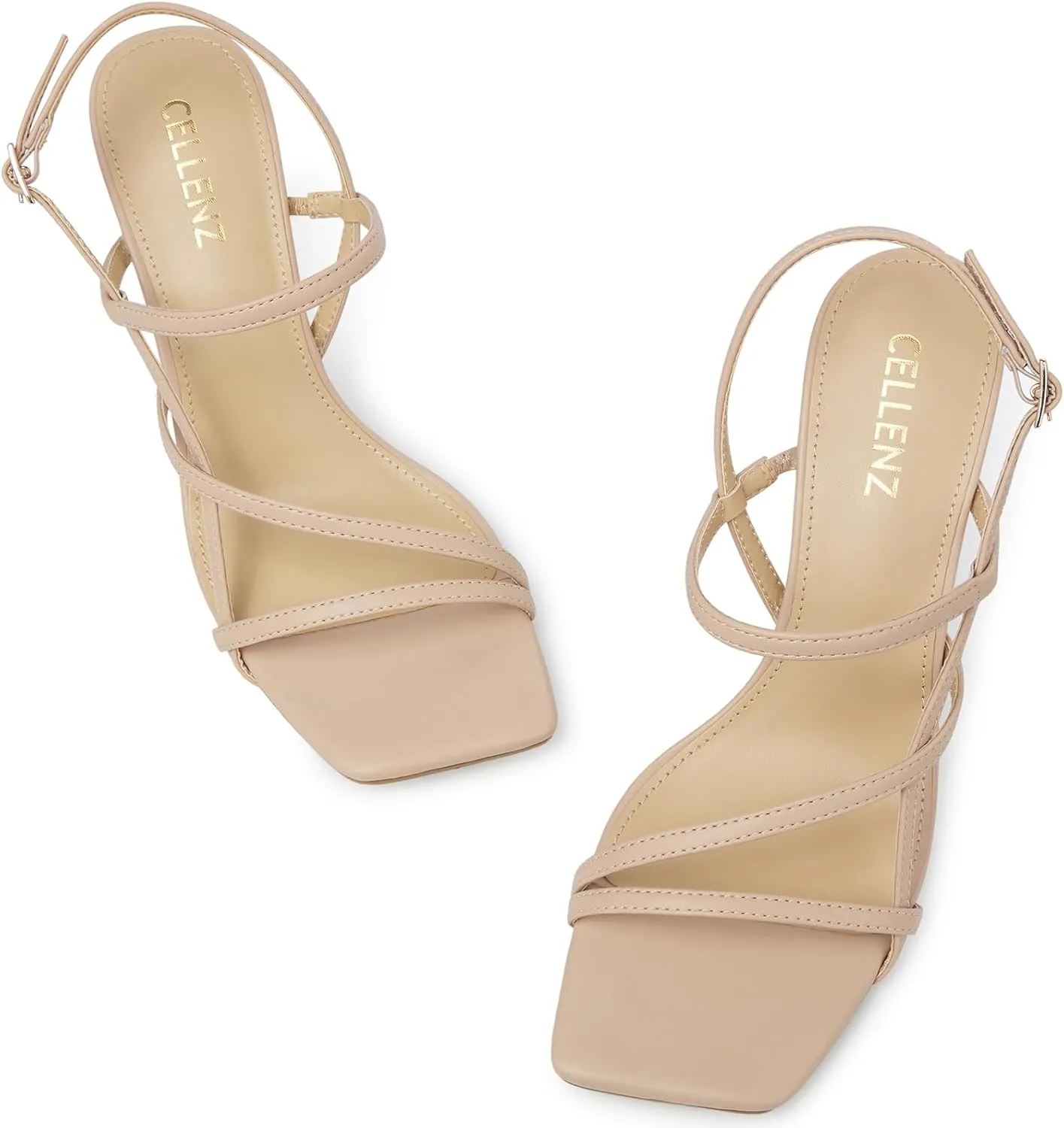Women Strappy High Heels: Square Open Toe Slingback Sandals, Dressy Sexy Comfortable Kitten Heeled, Prom Party Wedding Black White Gold Nude