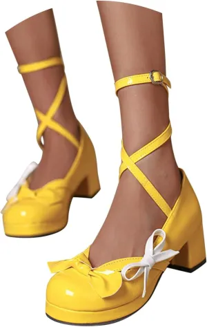 Women Summer lace-up heels Bow Decorated Casual Comfortable Lightweight Chunky Heel Sandals Bright Leather Block Color Closed Toe Stylish Slip on Sandals for Women