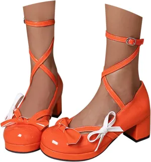Women Summer lace-up heels Bow Decorated Casual Comfortable Lightweight Chunky Heel Sandals Bright Leather Block Color Closed Toe Stylish Slip on Sandals for Women