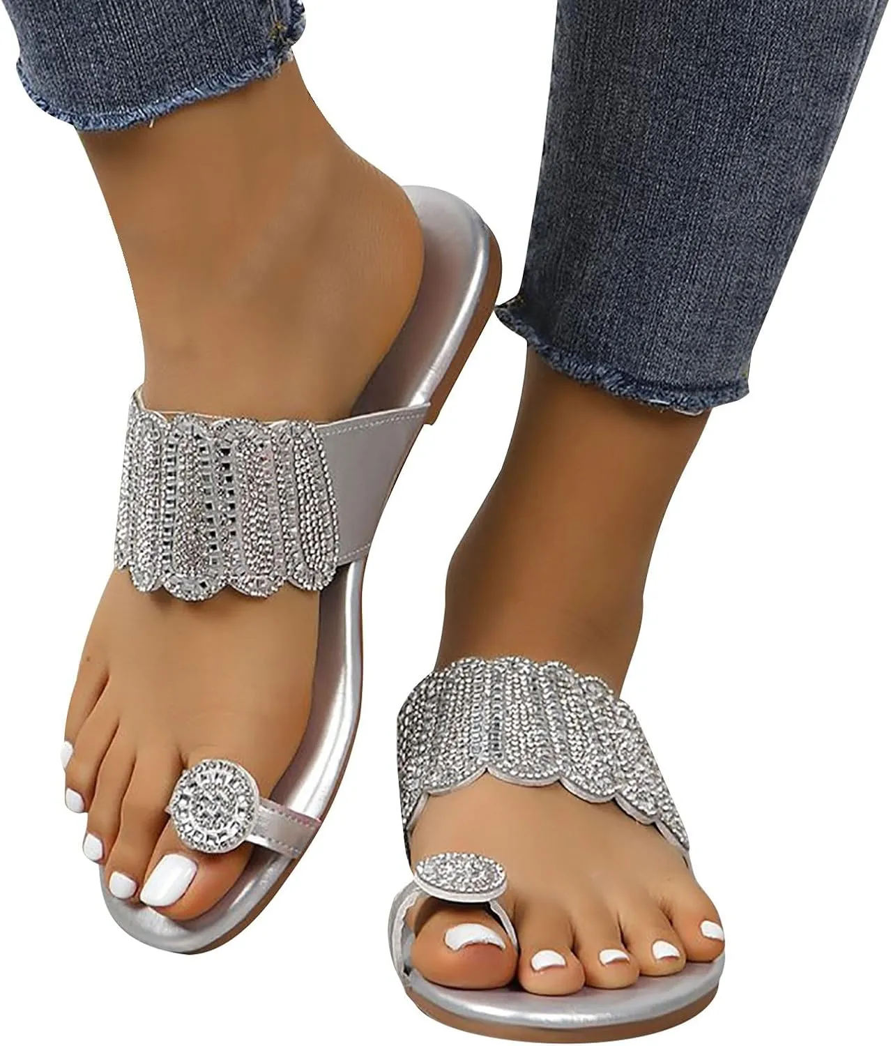 Women Summer Slippers Plus Size Toe Ring Slides Sandals Comfort Flat Flip Flops Rhinestone Beach Shoes Slipper