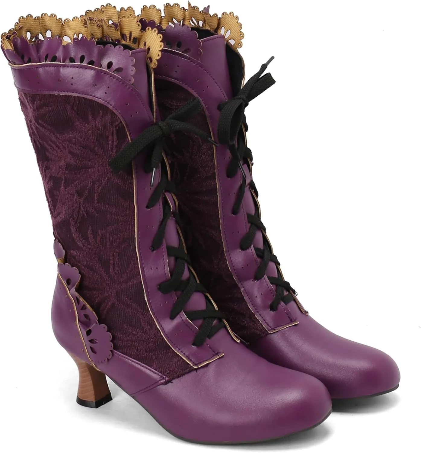 Women Sweet Bow-knot Boots Mid Heels Lace Up Medieval Renaissance Victorian Boots Cosplay Mid-Calf Kawaii Boot with Ruffles