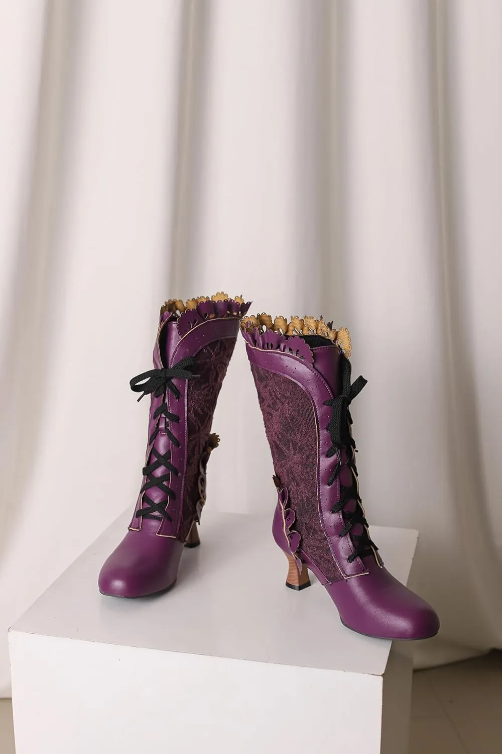 Women Sweet Bow-knot Boots Mid Heels Lace Up Medieval Renaissance Victorian Boots Cosplay Mid-Calf Kawaii Boot with Ruffles