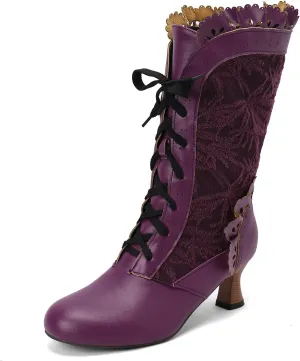 Women Sweet Bow-knot Boots Mid Heels Lace Up Medieval Renaissance Victorian Boots Cosplay Mid-Calf Kawaii Boot with Ruffles