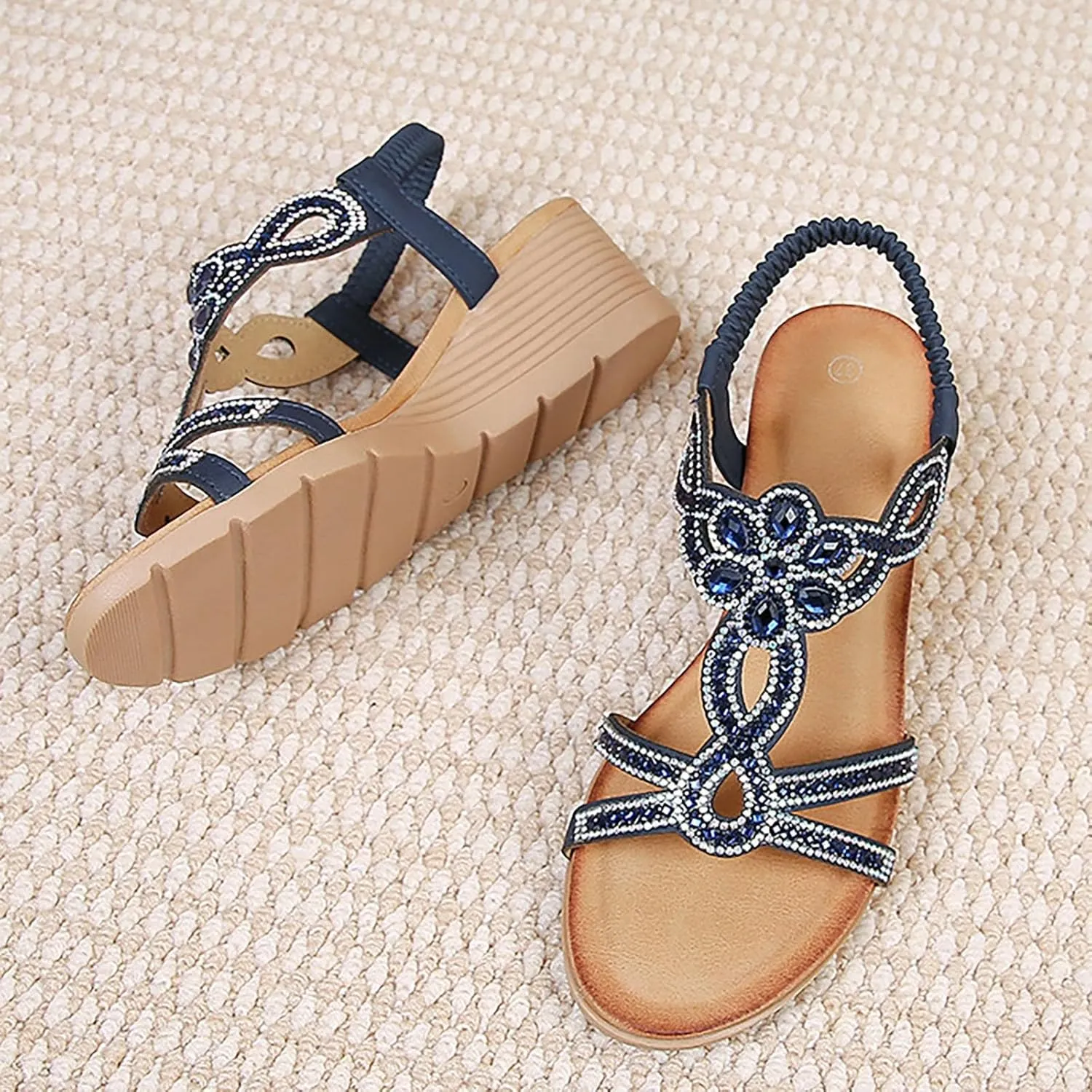 Women Wedge Sandals Open Toe Beach Sandals Bohemia Rhineston𝐞 Sparkling Elastic Ankle Strap Dress Shoes with Arch Support