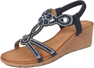 Women Wedge Sandals Open Toe Beach Sandals Bohemia Rhineston𝐞 Sparkling Elastic Ankle Strap Dress Shoes with Arch Support