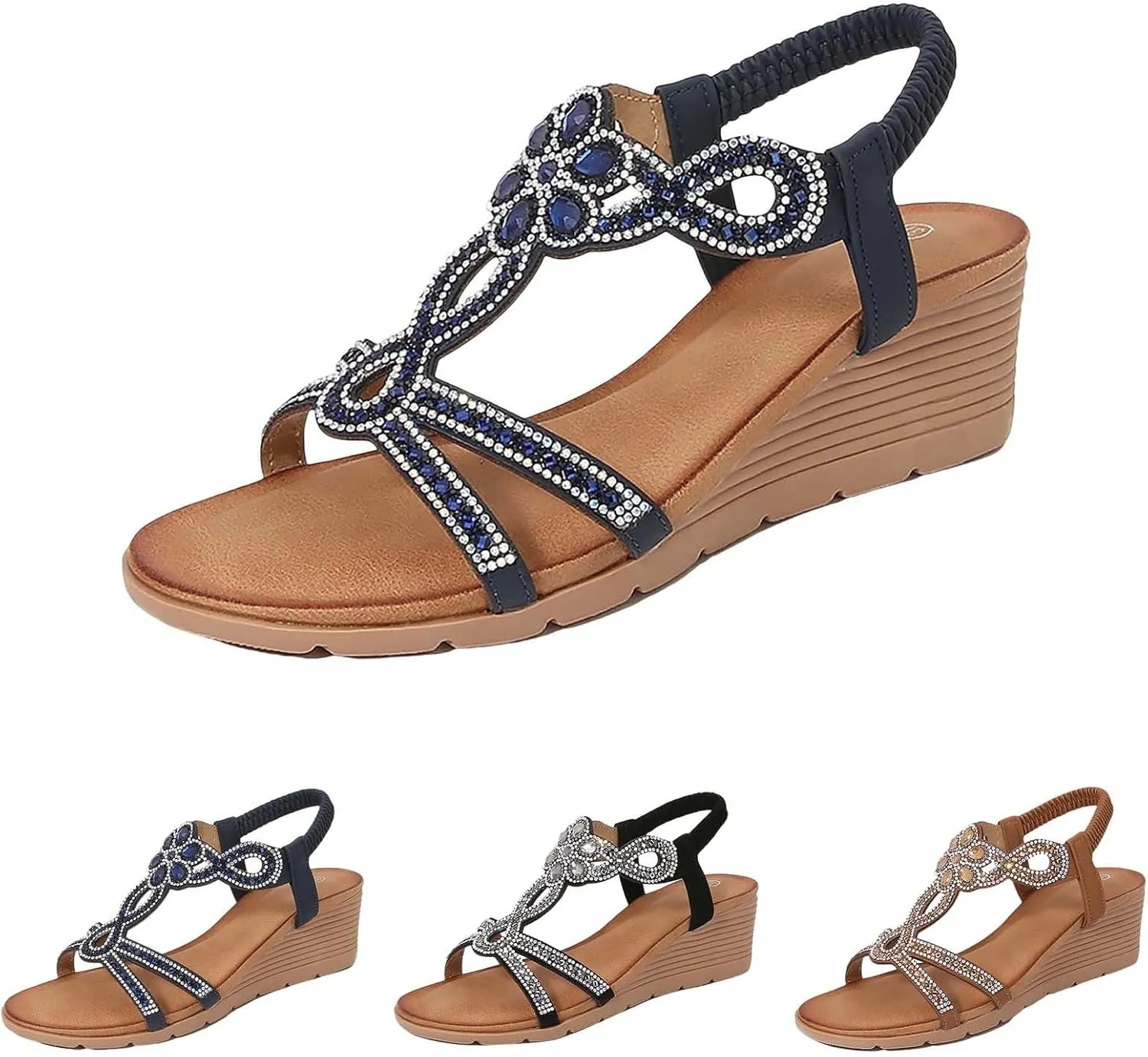 Women Wedge Sandals Open Toe Beach Sandals Bohemia Rhineston𝐞 Sparkling Elastic Ankle Strap Dress Shoes with Arch Support
