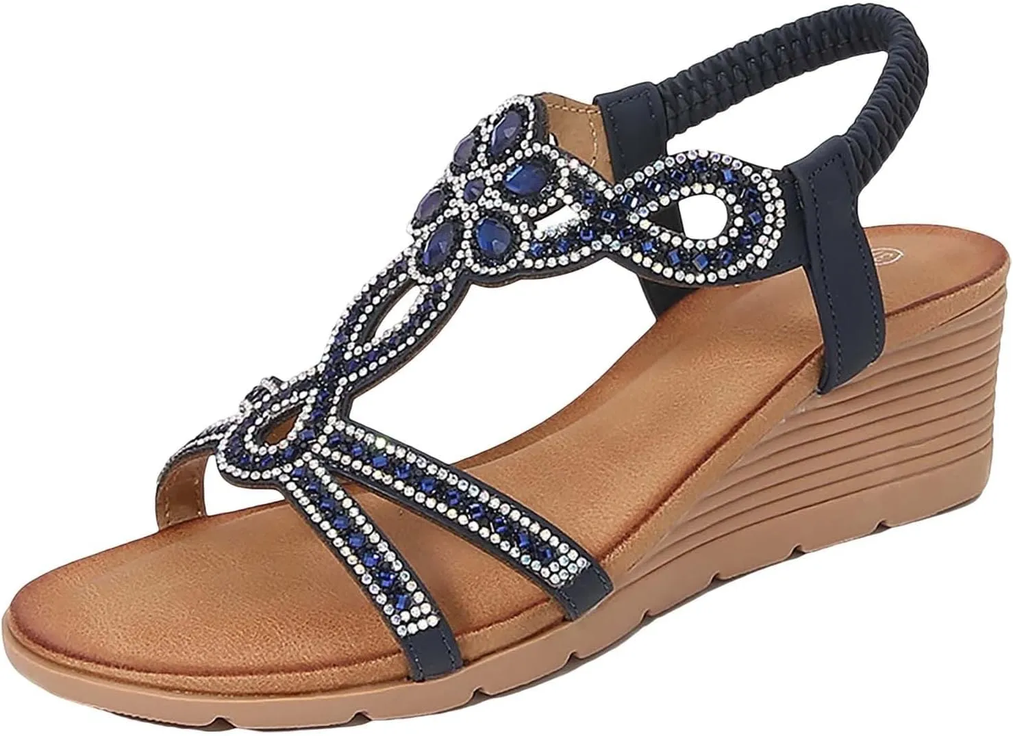 Women Wedge Sandals Open Toe Beach Sandals Bohemia Rhineston𝐞 Sparkling Elastic Ankle Strap Dress Shoes with Arch Support